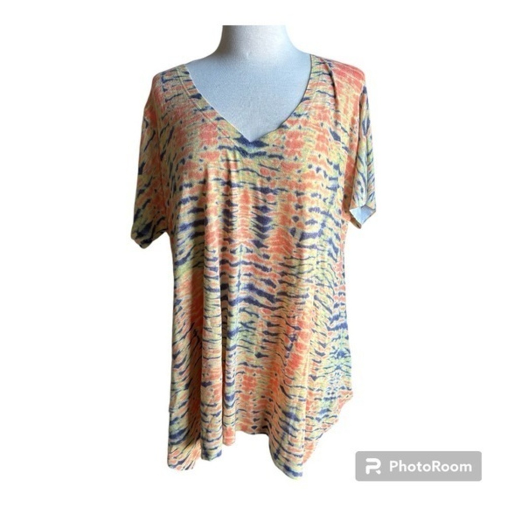 Nally & Milly multi color‎ vibrant tie dye slub v neck asymmetrical top 2X / 3X